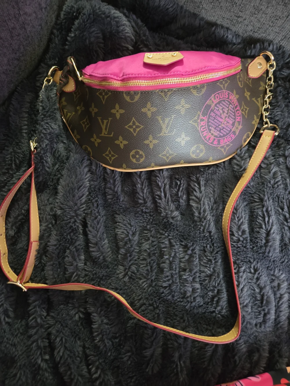 Monogram Crossbody Belt Bag With Bright Pink Accents